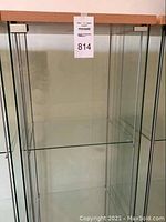 Front view of the tall glass display cabinet with four shelves and wood trim on top.