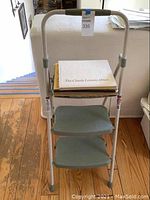 Photo shows the 2-step metal ladder with white frame and gray steps, with The Claude Lorraine Album placed on top step.