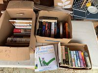Photo of three cardboard boxes filled with books including cookbooks and fiction titles