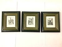 Three framed black and white pen drawings displayed in a row showing small architectural scenes from Hvar, Yugoslavia, all signed by the artist.