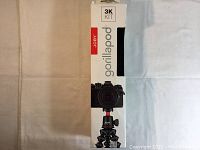 Front view of the product box showing the Joby branding, model name 'Gorillapod 3K Kit' and image of the tripod with camera mounted.