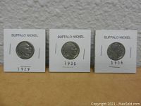 Front view of three Buffalo Nickels (1929, 1935, 1936) in cardboard holders, placed standing side-by-side.