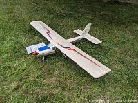 Full view of the ARC Ready RC airplane model resting on grass, showing wing, fuselage, and propeller area.