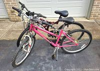 Two bicycles together, pink Diamondback Lustre in front, maroon and silver Next Power X behind.