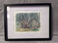Framed mixed media artwork titled 'Ontario Landscape' showing forest scene with fallen logs and dense trees in the background.