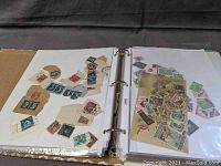 Open stamp album showing pages with various stamps mounted on paper and loose stamps in a clear envelope.