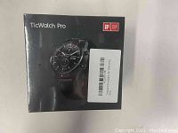 Front view of TicWatch Pro box showing the watch image, model, and design award badge.