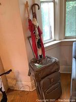 Photo of two gray Delsey carry-on luggage bags stacked, with three umbrellas leaning on them.