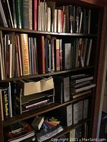 Bookshelf with assorted art history and painting reference books in mixed condition, including large format books and smaller volumes.
