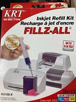 Photo of KRT Fillz-All Inkjet Refill Kit box showing product branding, claimed quantity (90ml total), and usage instructions image.
