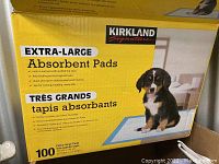 Box of Kirkland Signature Extra-Large Absorbent Pads with product details and branding visible on packaging.