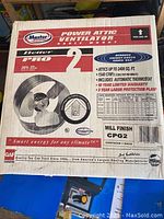 Photo of the Master Flow Power Attic Ventilator Pro 2 box showing key product info.
