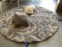 Full view of round shag area rug with two pillows on top showing overall condition and design