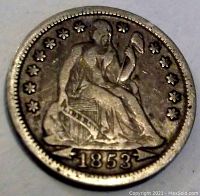 Obverse side of the 1853 Seated Liberty dime showing the seated Liberty figure and date.