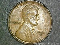 Obverse side of 1931 S Lincoln Wheat Cent showing Abraham Lincoln profile and date with mint mark.