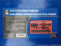 Box label showing metric socket sizes and contents description for Power FIST 13 pc 3/4 inch drive set