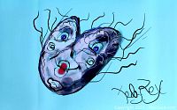 Front view of the digital art giclee print featuring a stylized face with blue background and artist's signature.