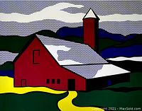 Close-up image of the colorful Red Barn II lithograph showing pop art elements and dot pattern.
