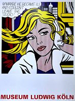 Full front photo of the multi-colored lithograph artwork showing the woman and speech bubble with museum branding at bottom.