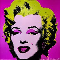 Full view of the lithograph featuring Marilyn Monroe’s face with yellow hair on a pink background.