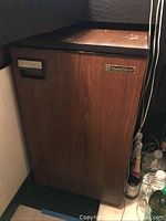 GoldStar bar refrigerator with wood grain finish, front view showing GoldStar logo on upper right and vent panel on upper left. Refrigerator sits on a tile floor against a dark background.