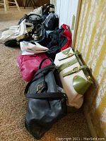Photo showing a lineup of various colored handbags and purses on carpet, exhibiting different styles and materials.