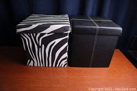 Both storage boxes side by side, showing black and zebra print designs with lids on
