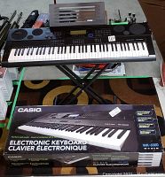 Keyboard and stand assembled with original box beneath.