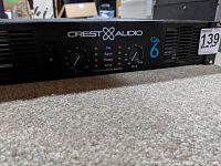 Front view showing Crest Audio logo, CA6 label, power switch, channel gain controls and LED indicators.