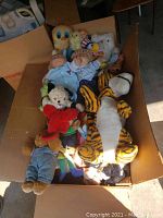 Full view of box filled with assorted stuffed toys including dolls and animal plushies