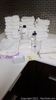 Photo showing stacks of white towels including bath towels, hand towels, washcloths, turbie hair towels, bottled Philosophy body lotion and spray, a bottle of Dial liquid soap, and a soap dish.