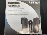 Box front showing Renpho RF-ALM072 Rechargeable Leg Massager with product features listed.