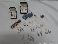 Photo showing overall assortment of earrings, cufflinks, ring, denim fabric earrings, and bracelet
