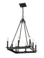 Photo of an 8-light square chandelier with a matte black frame, featuring eight candle-style light bulbs and a chain suspension system.