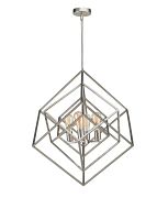 Full view of large 4-light pendant with geometric cubic frame in brushed nickel finish, featuring four exposed bulbs on a central mounting.