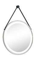 Front view of round LED-lit mirror hanging by strap