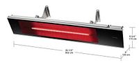 Front view of heater with red infrared element and mounting brackets, showing dimensions: 35-1/2" x 6-3/4" x 5".