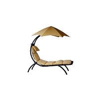 Curved metal frame chaise lounge with integrated fabric canopy and padded cushions in sand dune color.