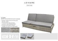 Brochure image showing grey resin wicker convertible loveseat with cushions and pull out side tables along with specifications and dimensions