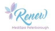 Renew MediSpa Peterborough logo with purple and blue color leaf design and text.