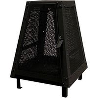 Pyramidal black steel fire pit with mesh sides, hinged spark screen door, four legs