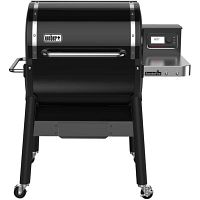 Front view showing grill lid, Weber logo, pellet hopper side shelf with digital controller, legs and caster wheels