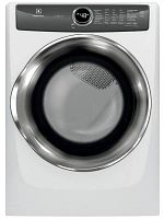 Front view of white Electrolux front load electric steam dryer with digital control panel.
