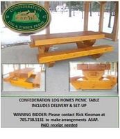 Log picnic table under shelter with snow outside; inset images show front and side details