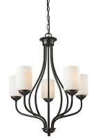 Front image of 5-light bronze chandelier with frosted cylindrical shades and a hanging chain