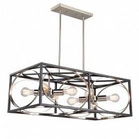 Full view of rectangular metal open-frame chandelier showing black and satin nickel finishes and exposed bulb sockets