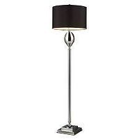 Photo of chrome floor lamp with black shade, showing the full lamp from base to shade, chrome finish and black fabric shade clearly visible.