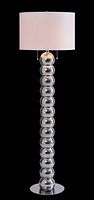 Full view of chrome floor lamp with stacked sphere column and white drum shade