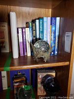 Bookshelf with several spiritual and psychic books including authors James Van Praagh, Brian Weiss, Sylvia Browne. Glass globe on metal leaf base in front of books.