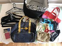 Full lot of assorted travel, storage, and hanger items including bags, bins, and hangers.